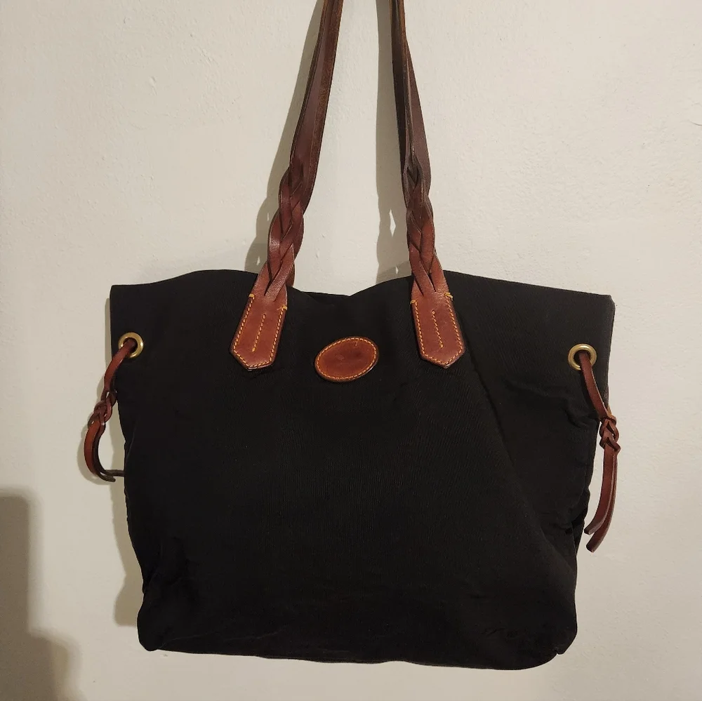 Vintage Dooney & BOURKE Black Tote Bag with Brown Leather Straps - Picture 1 of 13